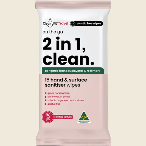 CleanLIFE On The Go 2 in 1 Wipes - Hand and Surface Sanitizer 15 Wipes